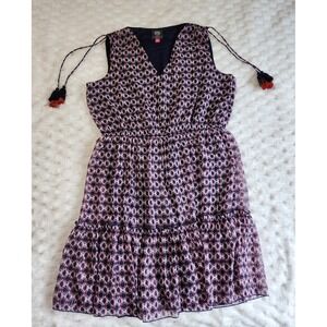Vince Camuto Women Size 14 Pink Geometric Tiered Ruffle V Neck Tassel Dress
